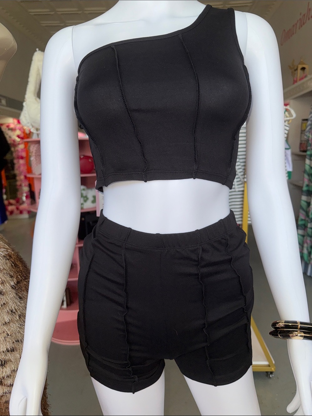 One-Shoulder Black High-Waist Bike Shorts Set - Unbranded